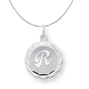 Silver, Sarah Collection 15mm Brocaded Disc Initial R Necklace - 18 In
